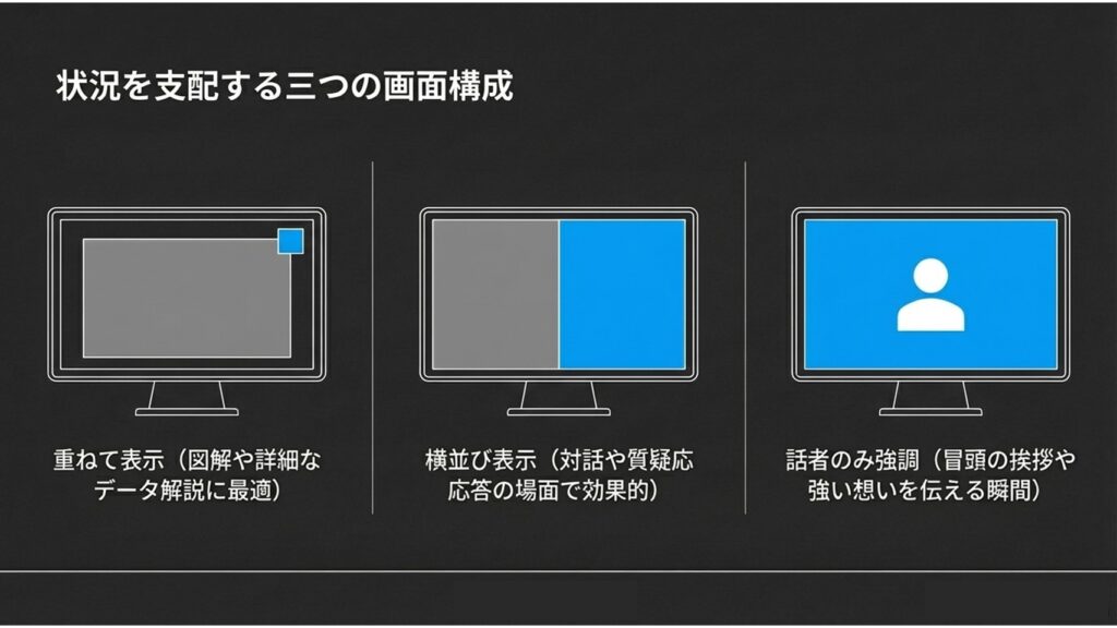 重ねて表示、横並び表示、話者のみ強調というウェビナーにおける3つの画面構成例