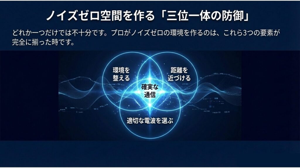 ノイズゼロ空間を作る三位一体の防御。「環境を整える」「距離を近づける」「適切な電波を選ぶ」の3要素が揃って確実な通信ができることを示すベン図。