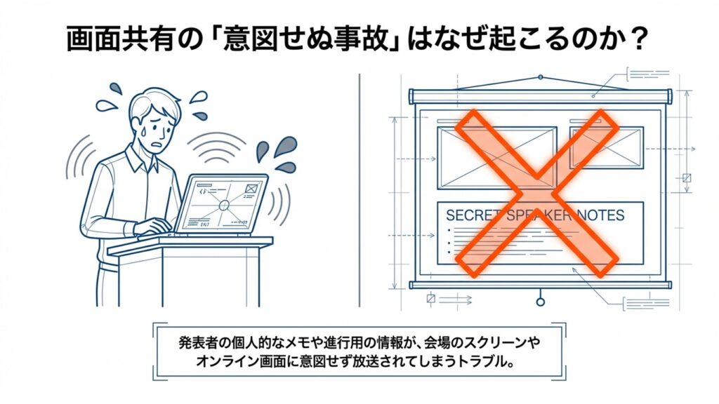 発表者の個人的なメモや進行情報がプロジェクターやZoomに映り込んでしまうトラブルのイラスト