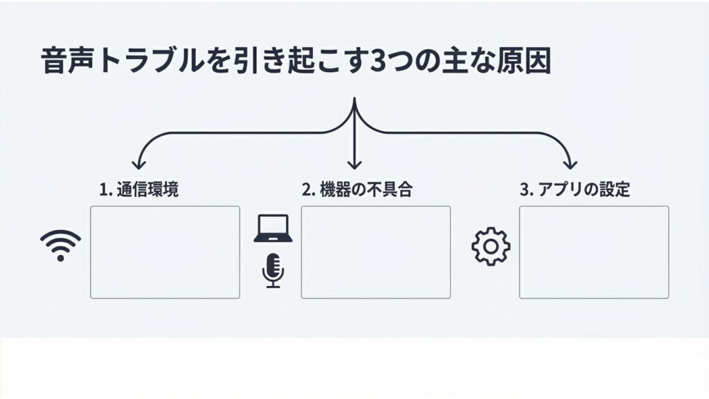 音声トラブルの3つの原因（通信環境、機器の不具合、アプリの設定）を示す図解