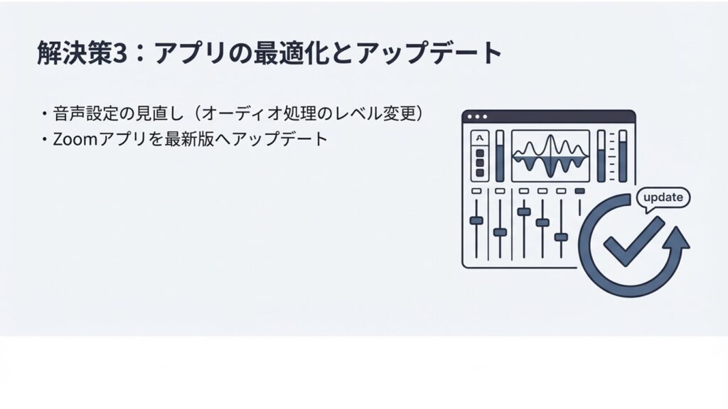 オーディオ処理のレベル調整画面と、アプリのアップデート完了を示すチェックマークのイラスト