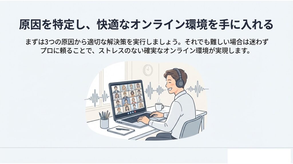 トラブルが解決し、デスクで笑顔で快適にZoomのWeb会議に参加している男性のイラスト