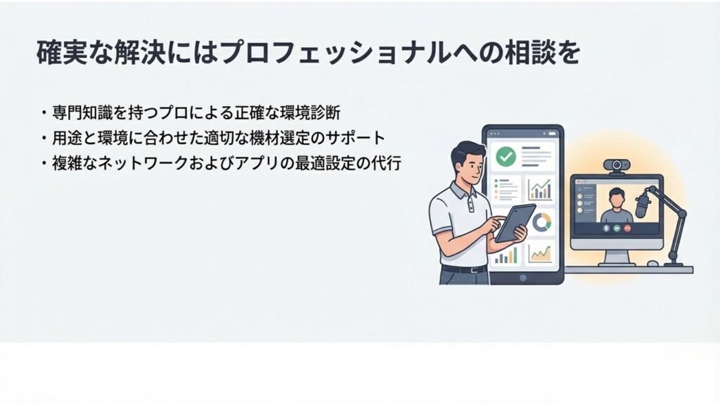 専門家がタブレットで環境データを分析し、デスクトップPCのWeb会議環境をサポートしているイラスト