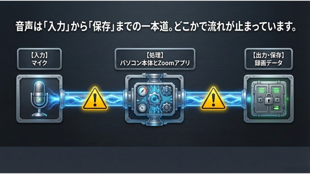 マイク入力からPC処理、録画データ保存までの音声の流れを示す図
