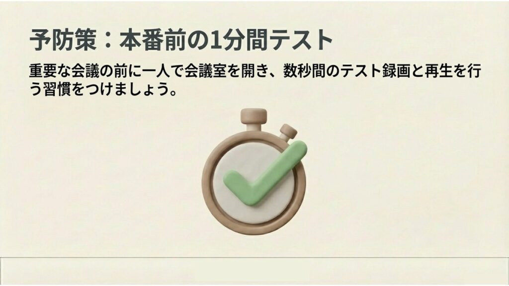 重要な会議の前に一人で会議室を開き、数秒間のテスト録画と再生を行う習慣を推奨するストップウォッチのイラスト