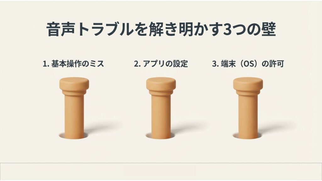 音声トラブルの主な原因となる「1.基本操作のミス」「2.アプリの設定」「3.端末(OS)の許可」の3つの壁