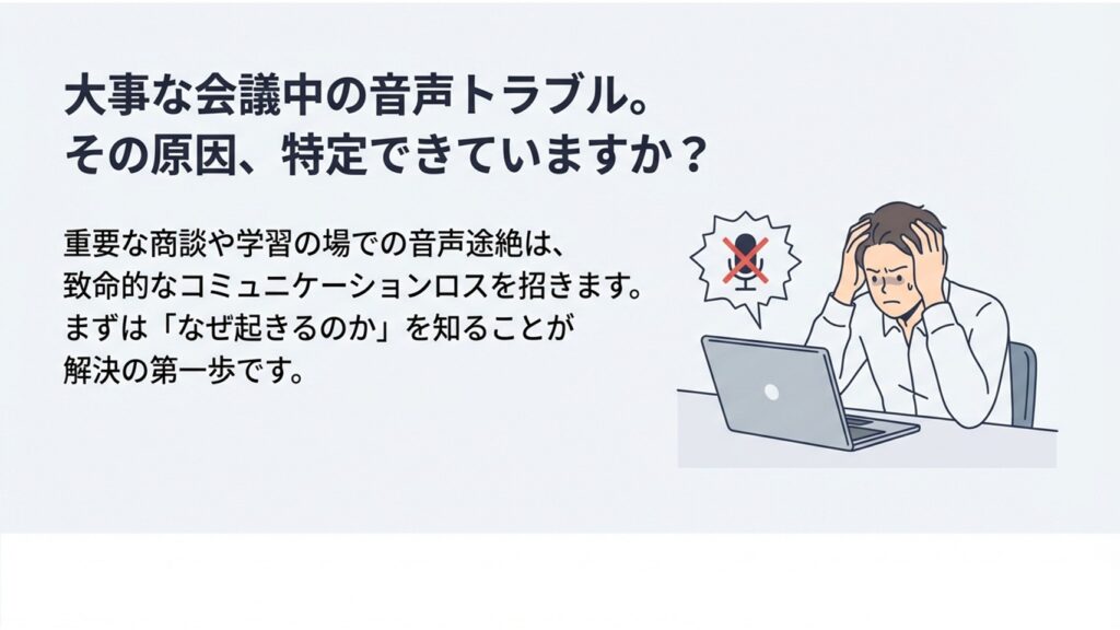 パソコンの前でZoomの音声トラブルに頭を抱えて困っている男性のイラスト