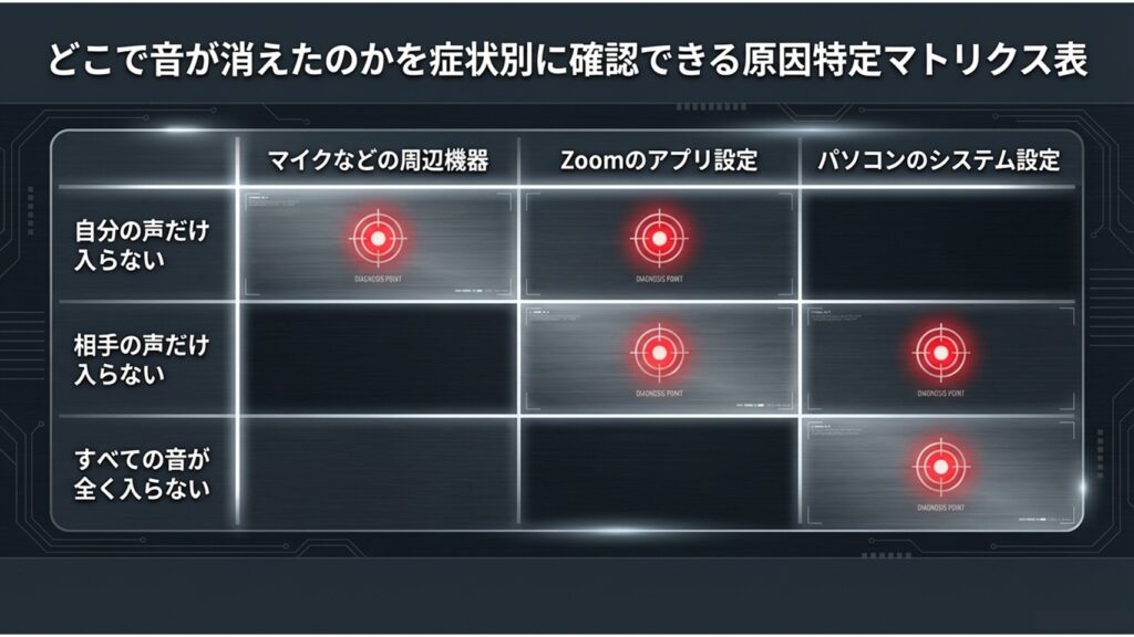 自分の声や相手の声が入らないなど症状別に原因箇所を特定するマトリクス表