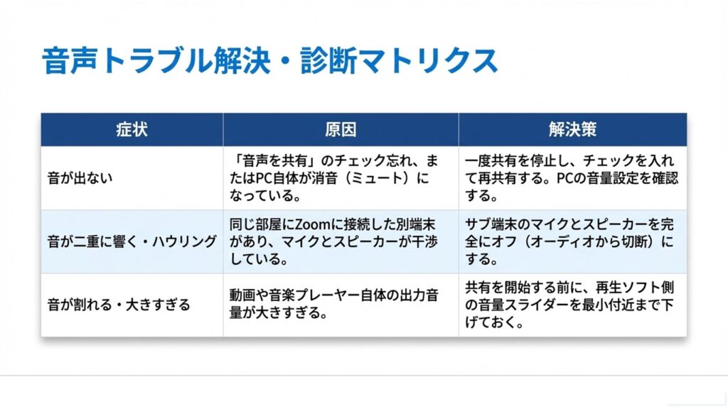 音が出ない、二重に響く、音が割れるといったZoomの音声トラブルの原因と解決策をまとめた表