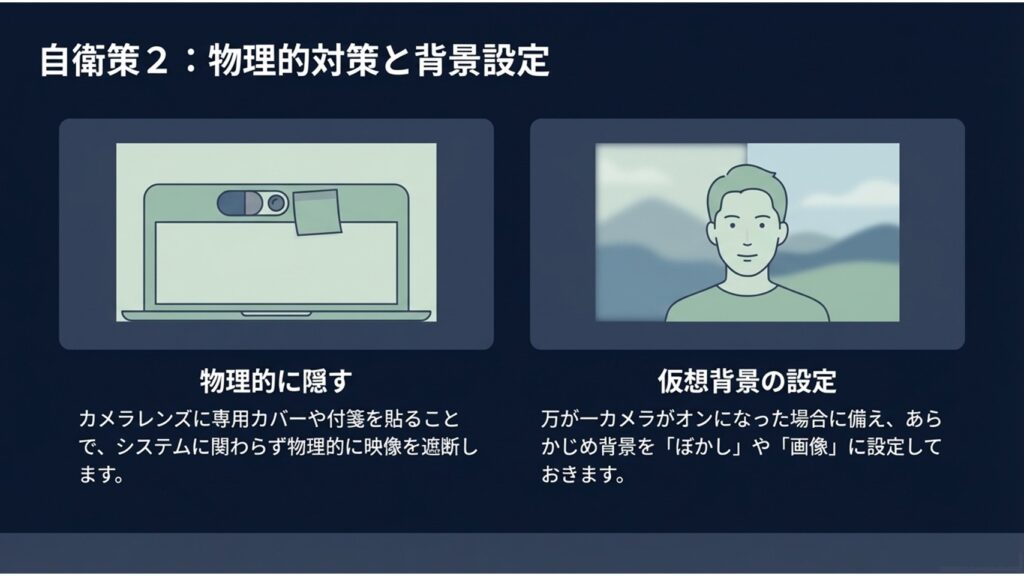 自衛策として、カメラレンズにカバーや付箋を貼る物理的な対策と、万が一に備えた仮想背景の設定を促すイラスト