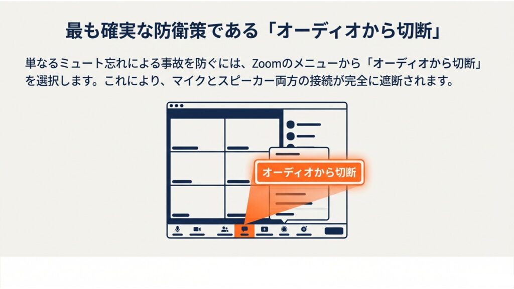 Zoomメニューから「オーディオから切断」を選択しマイクとスピーカーを遮断する手順