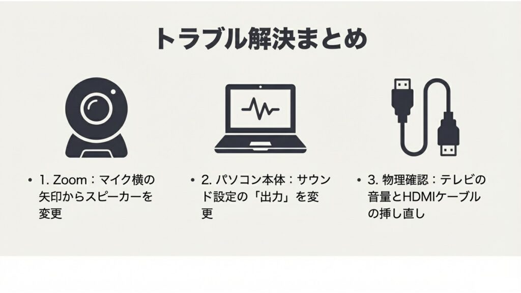 Zoomのスピーカー変更、パソコンの出力設定変更、テレビ音量とケーブル挿し直しの3つのトラブル解決策まとめリスト