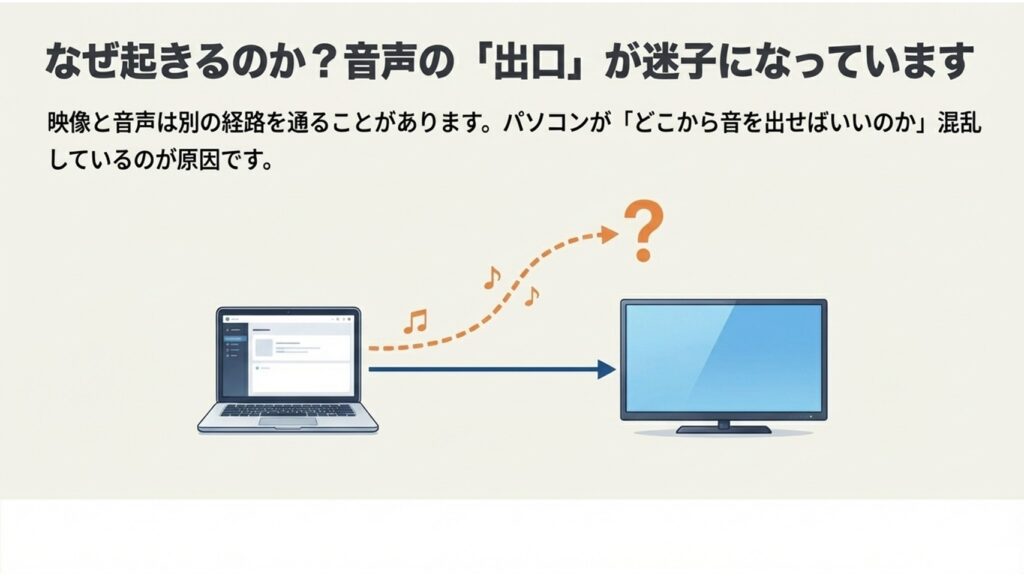 パソコンがどこから音を出せばいいのか混乱し、テレビへの音声経路が迷子になっている原因のイメージ図