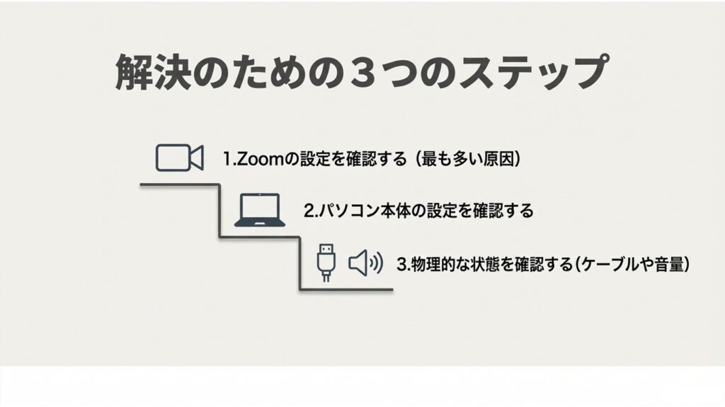 1.Zoomの設定、2.パソコン本体の設定、3.物理的な状態の確認という、解決のための3つのステップ