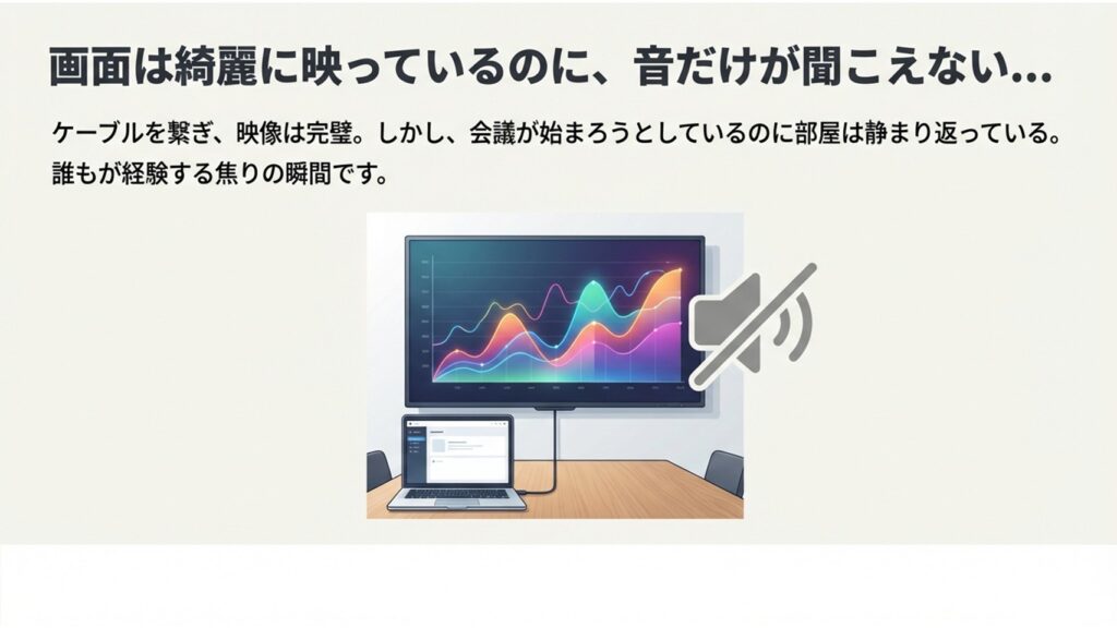 モニターに映像は完璧に映っているものの、スピーカーがミュートになっていて音だけが聞こえない焦りの瞬間を示すイラスト