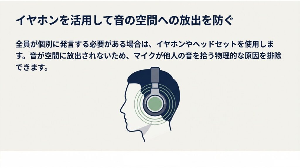 ヘッドセットやマイク付きイヤホンを使用して部屋への音漏れを防ぐ図解