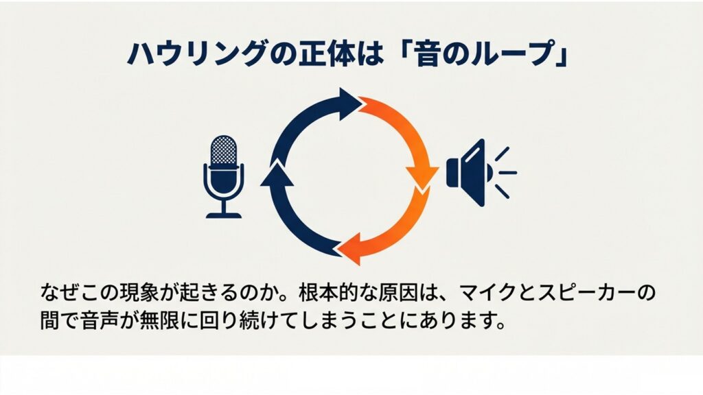 マイクとスピーカーの間で音声が無限に回り続ける音のループ現象の図解