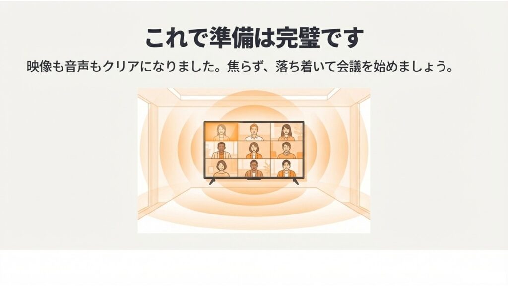映像も音声もクリアになり、焦らず落ち着いて開始できる状態になった完璧なZoomミーティング画面