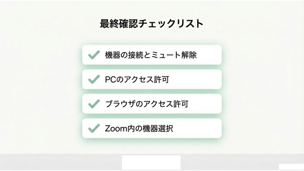 最終確認チェックリスト（機器の接続、PCのアクセス許可、ブラウザのアクセス許可、Zoom内の機器選択）