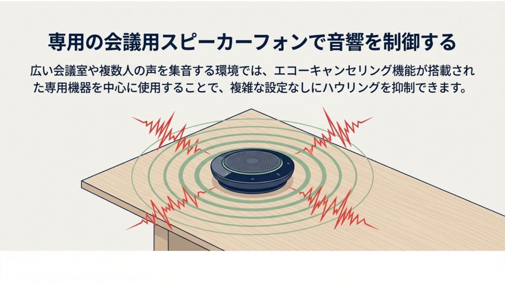 机の中央に配置され、エコーキャンセリング機能で音響を制御する会議用マイクスピーカー