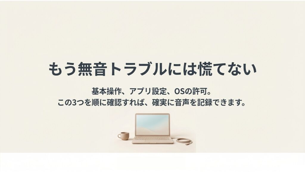 基本操作、アプリ設定、OSの許可の3つを確認すれば確実に音声を記録できることを示すノートパソコンのイラスト