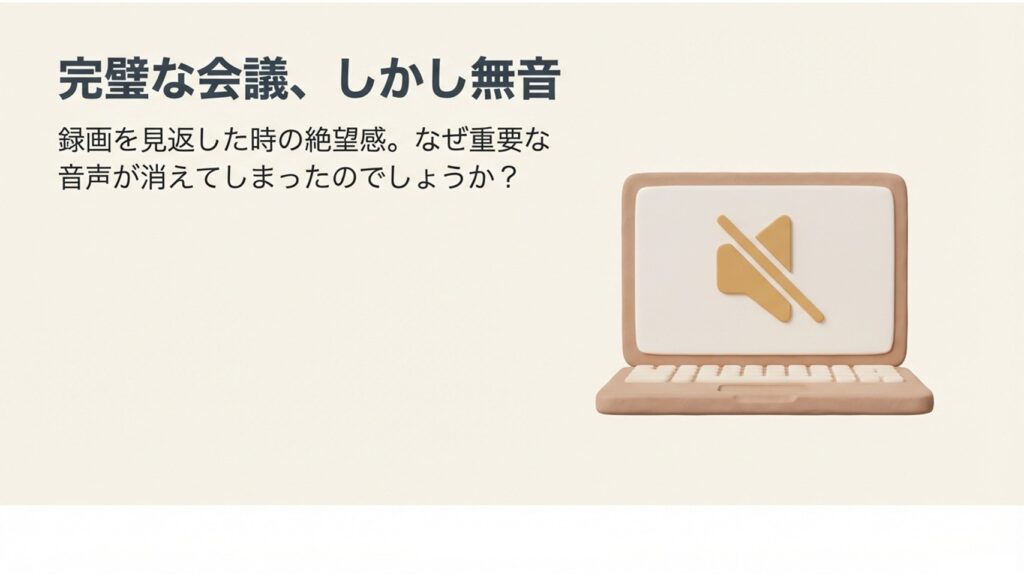 ミュートアイコンが表示されたパソコン画面と、重要な音声が消えてしまった絶望感を表すイラスト