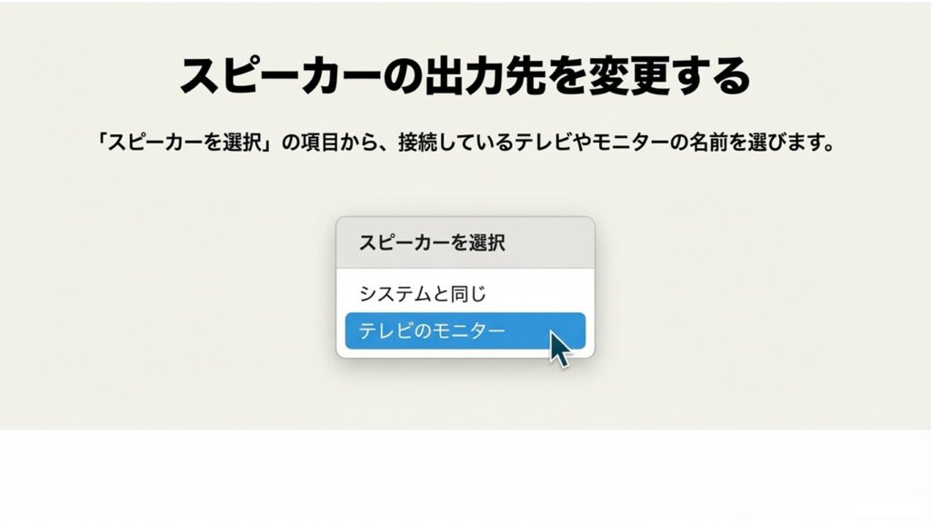 Zoom画面左下のマイク横の矢印をクリックし、「スピーカーを選択」からテレビやモニターへ出力先を変更する設定方法2