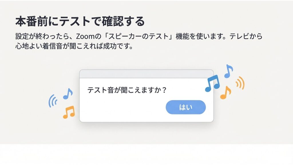 Zoom設定後に「テスト音が聞こえますか？」という着信音をテレビから鳴らして確認するテスト画面