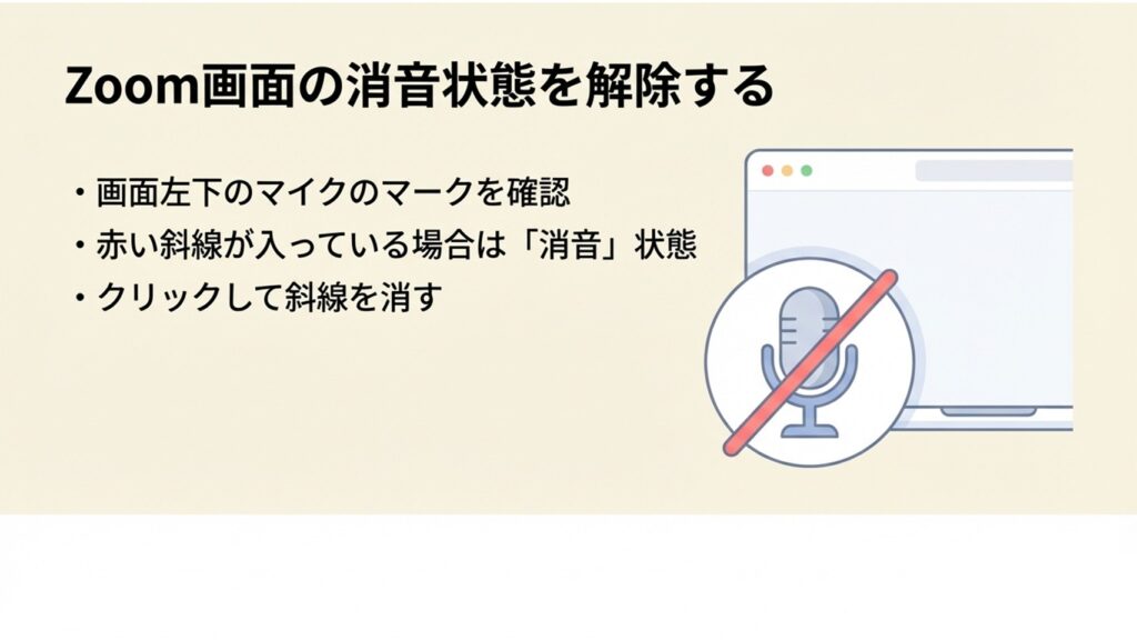 Zoom画面の左下にあるマイクの消音状態を解除する方法