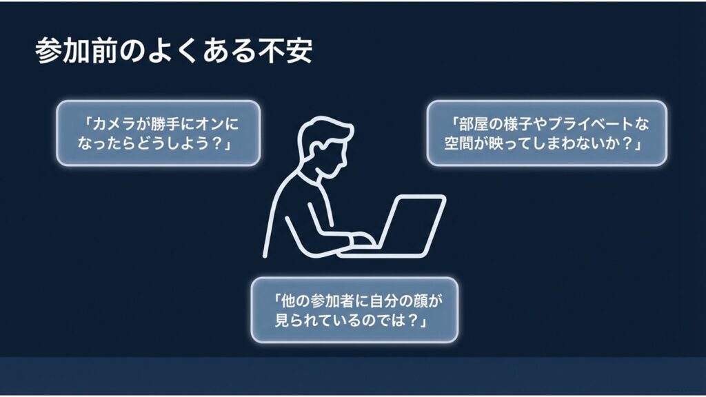 「カメラが勝手にオンになったら？」「他の人に顔を見られる？」「部屋が映る？」といったZoomウェビナー参加前のよくある不安