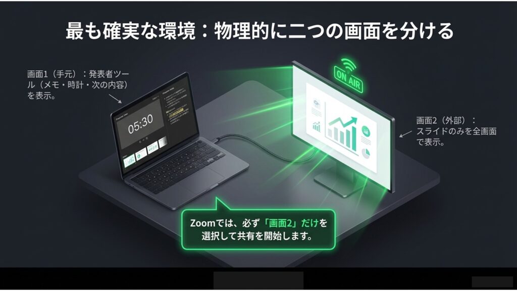 手元の画面1に発表者ツールを表示し、外部モニターの画面2にスライドのみを全画面表示して共有するデュアルモニターの構成図