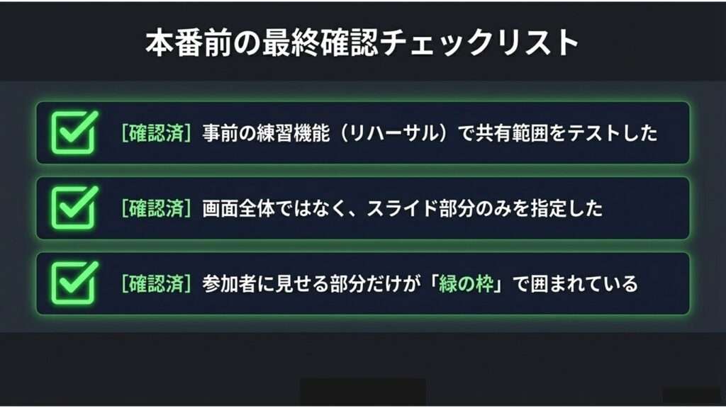 リハーサルでの共有範囲テスト、スライド部分のみの指定、緑の枠の確認をまとめた本番前の最終確認チェックリスト