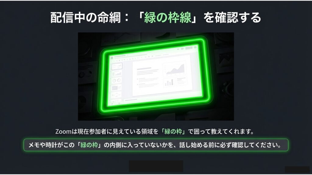 Zoomで現在参加者に見えている領域を囲って教えてくれる緑の枠線の確認画面