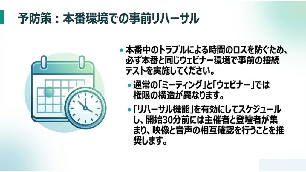 トラブルを防ぐための本番環境での事前リハーサルと接続テスト