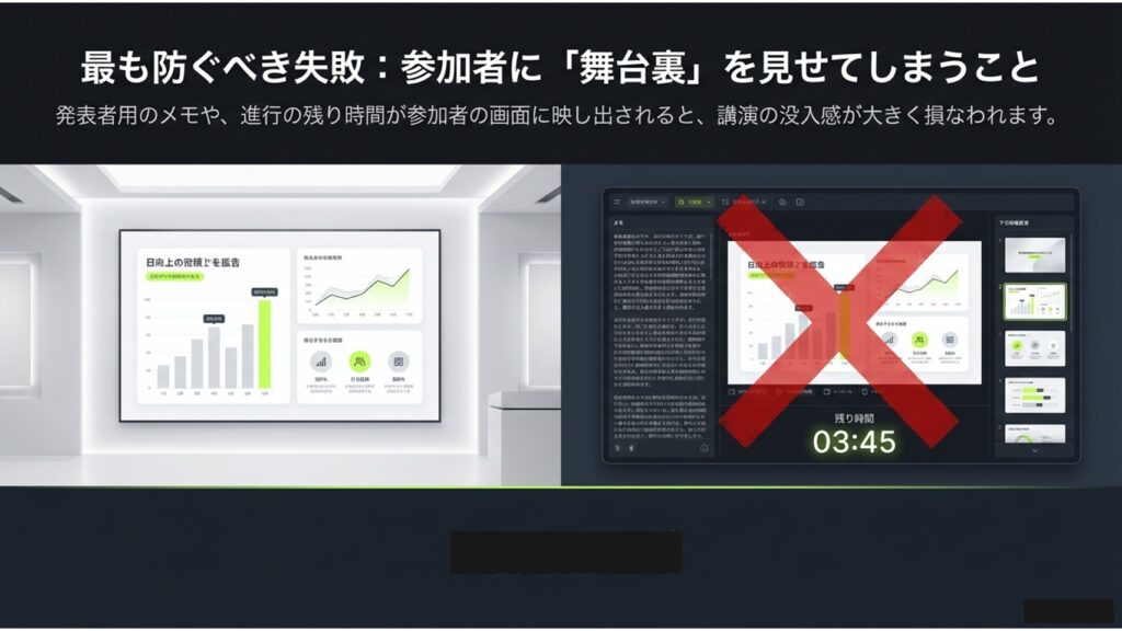 発表者用のメモや残り時間が参加者の画面に映し出されてしまうウェビナーにおける最も防ぐべき失敗例
