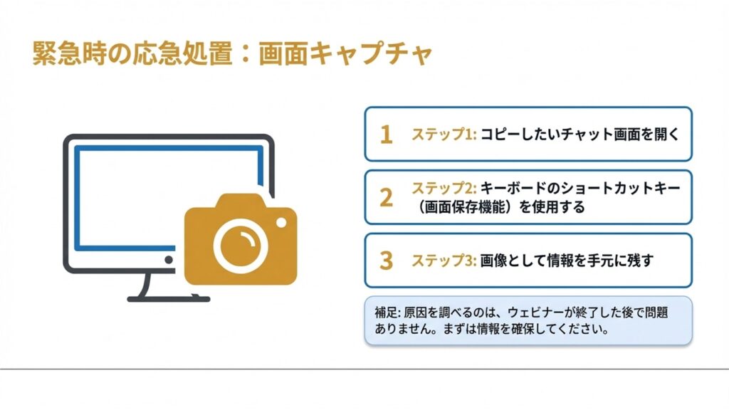 コピーできない緊急時に、キーボードのショートカットキーを使ってチャット画面を画像として手元に残す3つのステップ