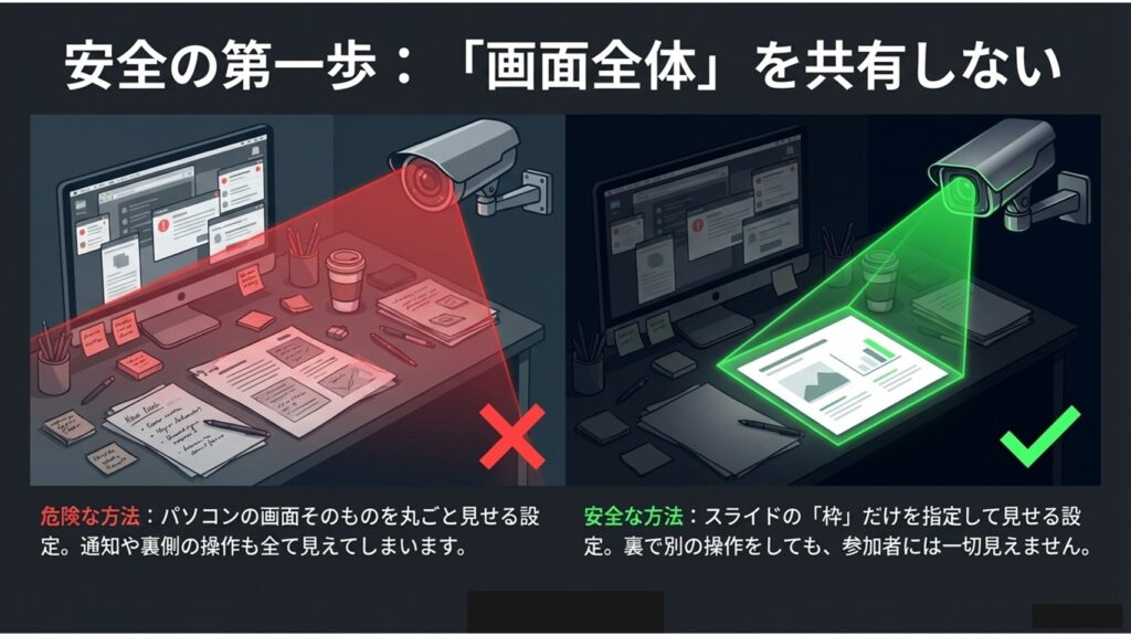 パソコンの画面全体を共有する危険な方法と、スライドの枠だけを指定して見せる安全な方法の比較図