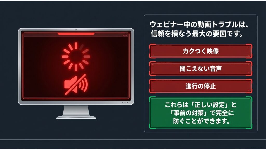 ウェビナー中のカクつく映像や聞こえない音声トラブルを警告するイメージ