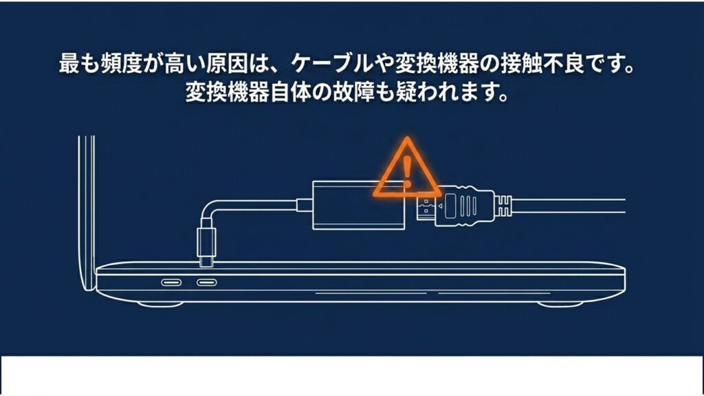 USB-CからHDMIへの変換アダプタ接続部分にエラーの警告マークが出ているイラスト