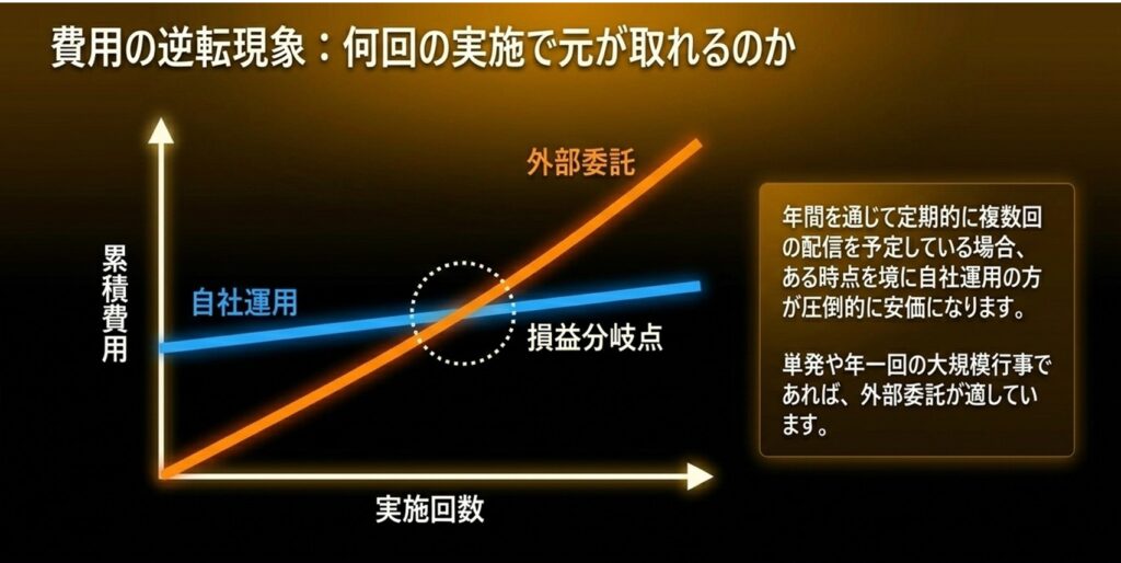 配信の内製と外注における費用の逆転現象と損益分岐点