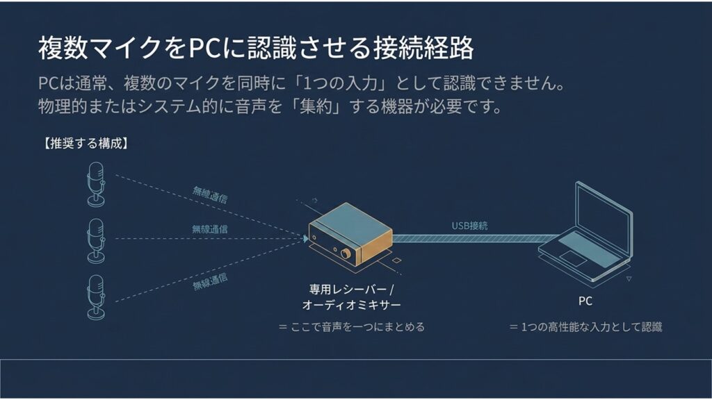 複数の無線マイクから発せられた電波を専用レシーバーやミキサーで受信し、音声を1つに集約してPCへUSB接続する推奨構成の図解
