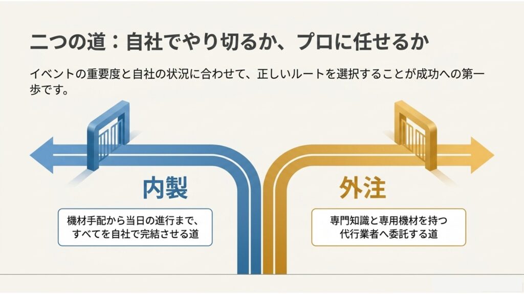 自社で完結させる内製の道と、プロに委託する外注の道が分かれるイラスト