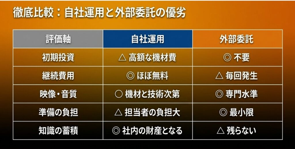 自社運用（内製）と外部委託（外注）の優劣の徹底比較表