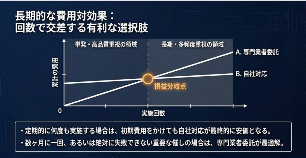 配信費用の損益分岐点グラフ：長期多頻度重視か単発高品質重視か