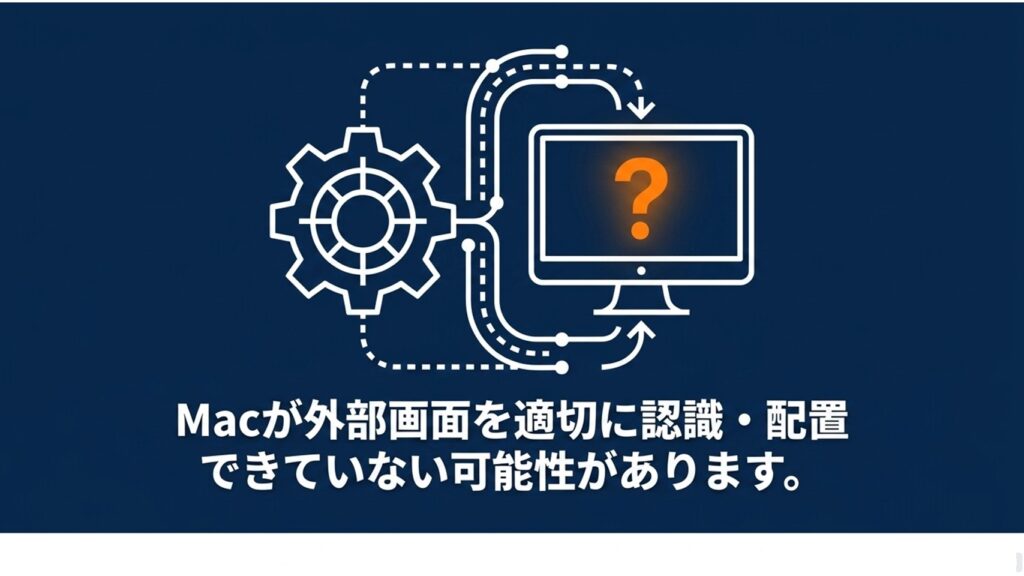 Macが外部画面を認識していない状態のイラストと、システム設定のディスプレイから設定を調整する画面イメージ
