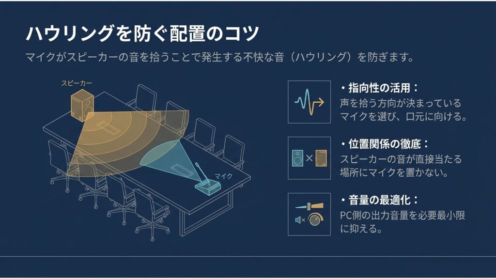 指向性マイクを話者の口元に向け、スピーカーの音が直接当たらない位置に配置することでハウリングを防ぐ空間制御のコツ