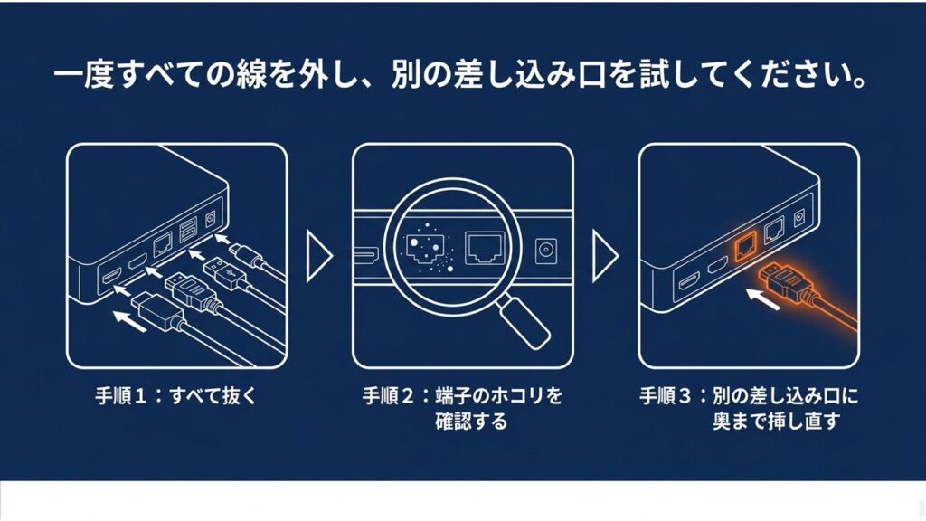 ケーブルをすべて抜き、端子のホコリを確認して別のポートに奥まで挿し直す3つの手順図