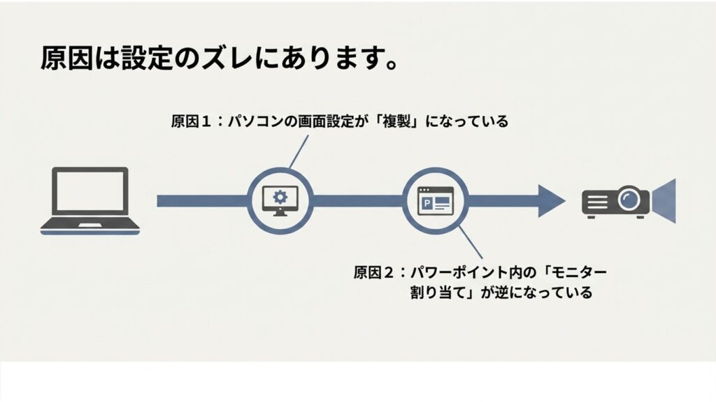 原因1「パソコンの画面設定が複製になっている」と原因2「パワーポイント内のモニター割り当てが逆」の2点を示すフローチャート