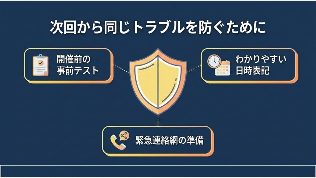 次回から同じトラブルを防ぐために、開催前の事前テスト、わかりやすい日時表記、緊急連絡網の準備を促すスライド