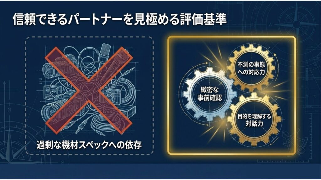 信頼できるパートナーを見極める評価基準（緻密な事前確認、不測の事態への対応力、目的を理解する対話力）